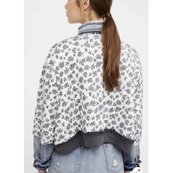 Free People Quilted Ditsy Denim Jacket XS / S Cottagecore Prairie Boho - Picture 4 of 16